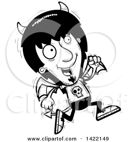 Clipart of a Cartoon Black and White Lineart Doodled Devil Running - Royalty Free Vector Illustration by Cory Thoman