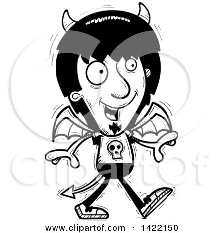 Clipart of a Cartoon Black and White Lineart Doodled Devil Walking - Royalty Free Vector Illustration by Cory Thoman