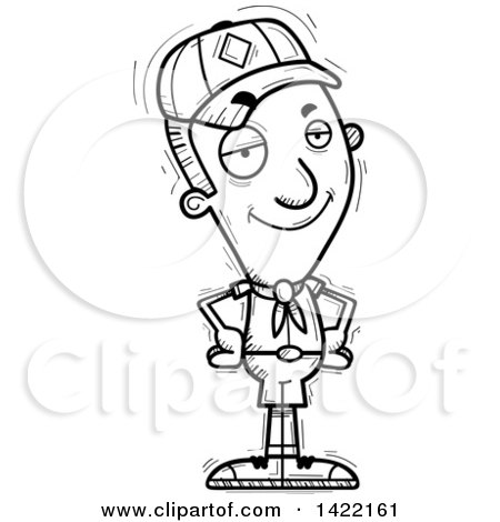 Clipart of a Cartoon Black and White Lineart Doodled Confident Boy Scout with Hands on His Hips - Royalty Free Vector Illustration by Cory Thoman