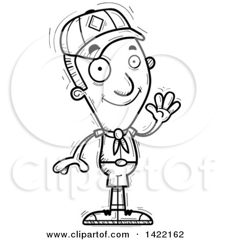 Clipart of a Cartoon Black and White Lineart Doodled Boy Scout Waving - Royalty Free Vector Illustration by Cory Thoman