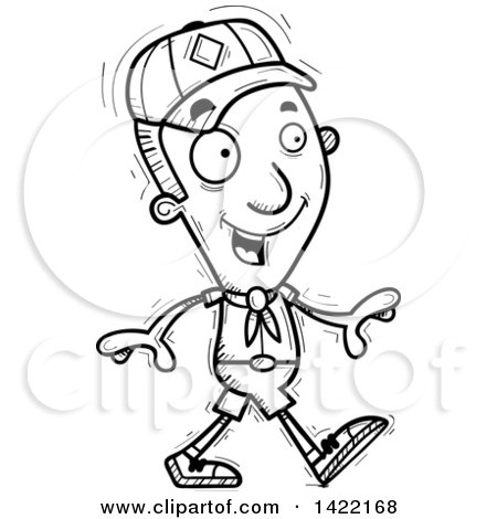 Clipart of a Cartoon Black and White Lineart Doodled Boy Scout Walking - Royalty Free Vector Illustration by Cory Thoman
