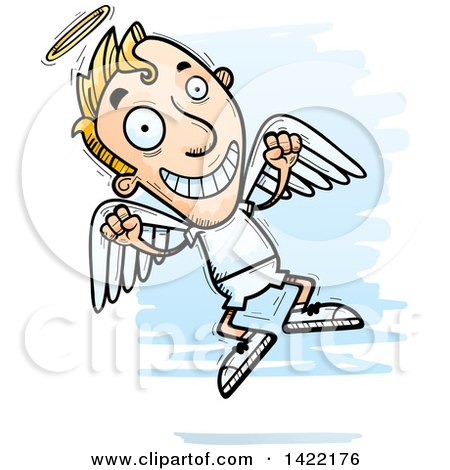 Clipart of a Cartoon Doodled Male Angel Jumping for Joy - Royalty Free Vector Illustration by Cory Thoman