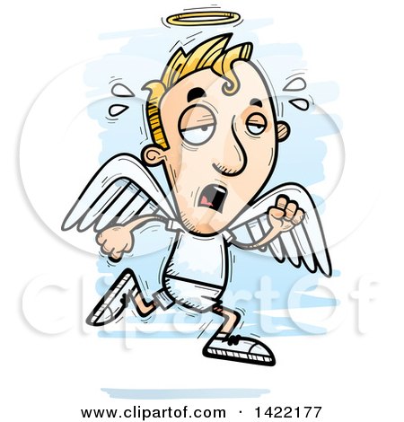 Clipart of a Cartoon Doodled Exhausted Male Angel Running - Royalty Free Vector Illustration by Cory Thoman