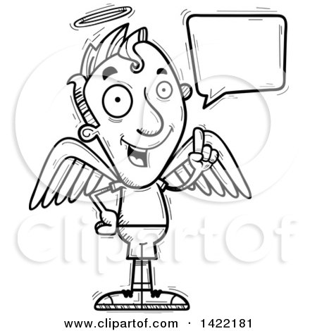 Clipart of a Cartoon Black and White Lineart Doodled Male Angel Holding up a Finger and Talking - Royalty Free Vector Illustration by Cory Thoman