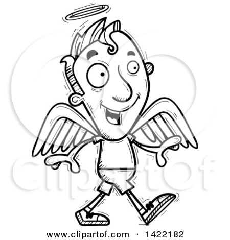Clipart of a Cartoon Black and White Lineart Doodled Male Angel Walking - Royalty Free Vector Illustration by Cory Thoman