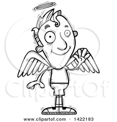 Clipart of a Cartoon Black and White Lineart Doodled Male Angel Waving - Royalty Free Vector Illustration by Cory Thoman