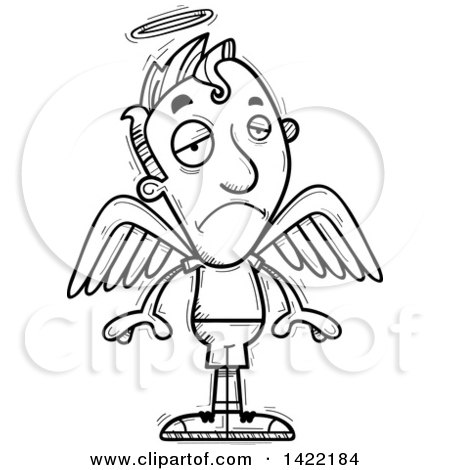 Clipart of a Cartoon Black and White Lineart Doodled Depressed Male Angel - Royalty Free Vector Illustration by Cory Thoman