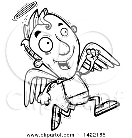 Clipart of a Cartoon Black and White Lineart Doodled Male Angel Running - Royalty Free Vector Illustration by Cory Thoman