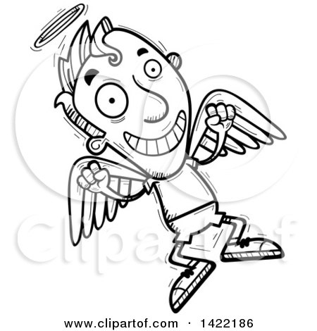 Clipart of a Cartoon Black and White Lineart Doodled Male Angel Jumping for Joy - Royalty Free Vector Illustration by Cory Thoman