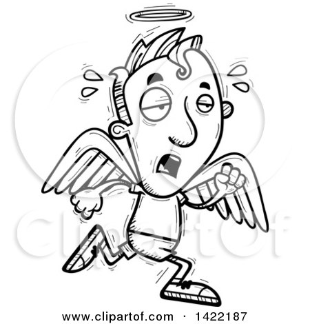 Clipart of a Cartoon Black and White Lineart Doodled Exhausted Male Angel Running - Royalty Free Vector Illustration by Cory Thoman