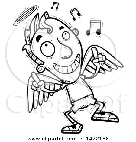 Clipart of a Cartoon Black and White Lineart Doodled Male Angel Dancing to Music - Royalty Free Vector Illustration by Cory Thoman