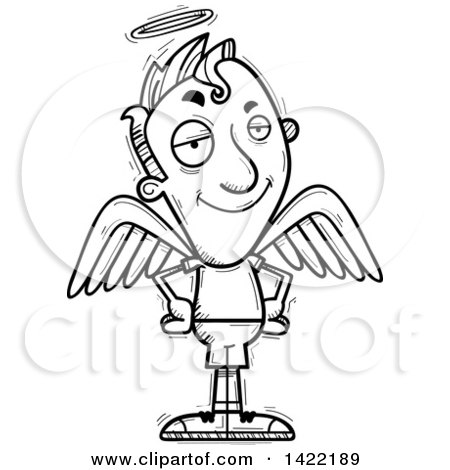 Clipart of a Cartoon Black and White Lineart Doodled Confident Male Angel with Hands on His Hips - Royalty Free Vector Illustration by Cory Thoman