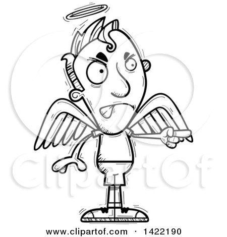 Clipart of a Cartoon Black and White Lineart Doodled Male Angel Angrily Pointing a Finger - Royalty Free Vector Illustration by Cory Thoman
