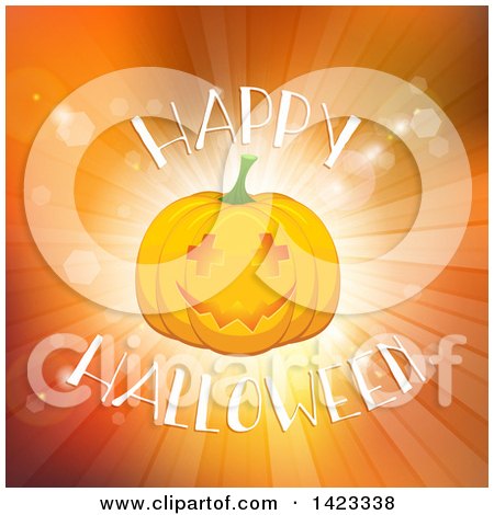Clipart of a Halloween Jackolantern Pumpkin over Text on Orange Rays - Royalty Free Vector Illustration by KJ Pargeter