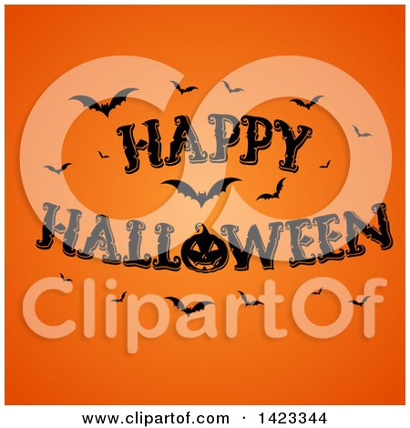 Clipart of a Happy Halloween Greeting with Bats and a Jackolantern Pumpkin on Orange - Royalty Free Vector Illustration by KJ Pargeter