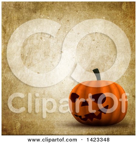 Clipart of a 3d Halloween Jackolantern Pumpkin over Grunge - Royalty Free Illustration by KJ Pargeter
