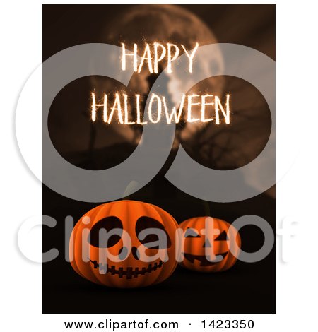 Clipart of 3d Halloween Jackolantern Pumpkins with Happy Halloween Text over a Blurred Haunted Castle and Full Moon - Royalty Free Illustration by KJ Pargeter