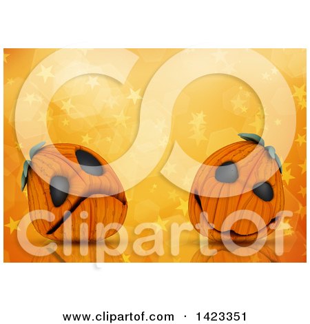 Clipart of 3d Halloween Jackolantern Pumpkins over an Orange Star Background - Royalty Free Illustration by KJ Pargeter