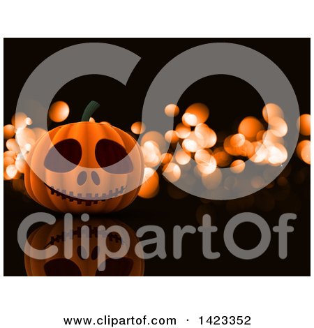 Clipart of a 3d Halloween Jackolantern Pumpkin over Black with Orange Flares - Royalty Free Illustration by KJ Pargeter