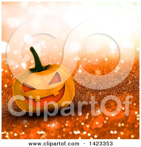 Clipart of a 3d Halloween Jackolantern Pumpkin over Orange Glitter - Royalty Free Illustration by KJ Pargeter