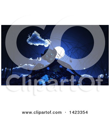 Clipart of a 3d Demon Rising from the Earth Against a Full Moon - Royalty Free Illustration by KJ Pargeter