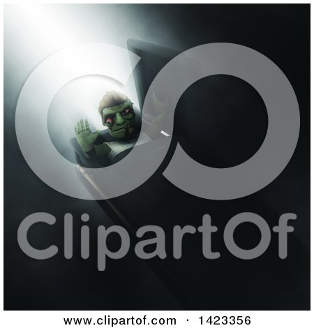 Clipart of a 3d Zombie Rising from a Coffin, in Dramatic Lighting - Royalty Free Illustration by KJ Pargeter