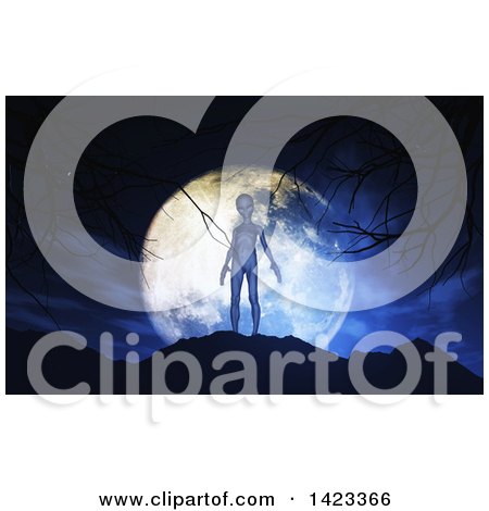 Clipart of a 3d Alien on a Hill Against a Full Moon - Royalty Free Illustration by KJ Pargeter
