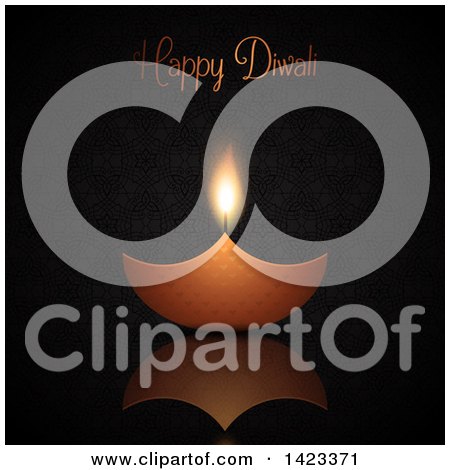 Clipart of Happy Diwali Text with an Oil Lamp on Black - Royalty Free Vector Illustration by KJ Pargeter