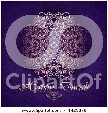 Clipart of Happy Diwali Text with an Ornate Golden Design on Purple - Royalty Free Vector Illustration by KJ Pargeter