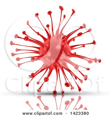 Clipart of a 3d Red Virus Cell on a Reflective White Background - Royalty Free Illustration by KJ Pargeter