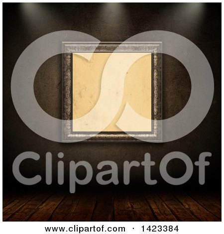 Clipart of a 3d Frame on a Grungy Wall over Wood Flooring - Royalty Free Illustration by KJ Pargeter