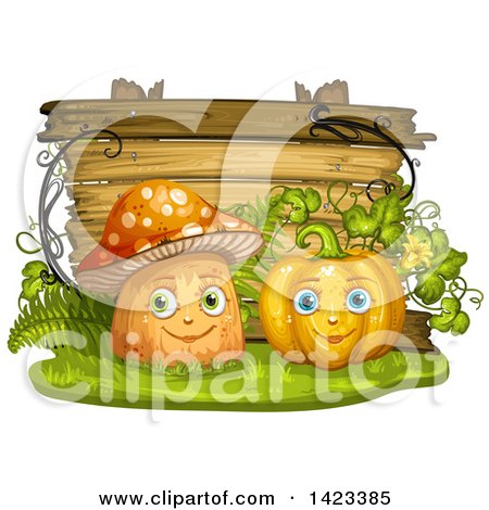 Clipart of a Wooden Plaque or Sign Behind Mushroom and Pumpkin Characters - Royalty Free Vector Illustration by merlinul