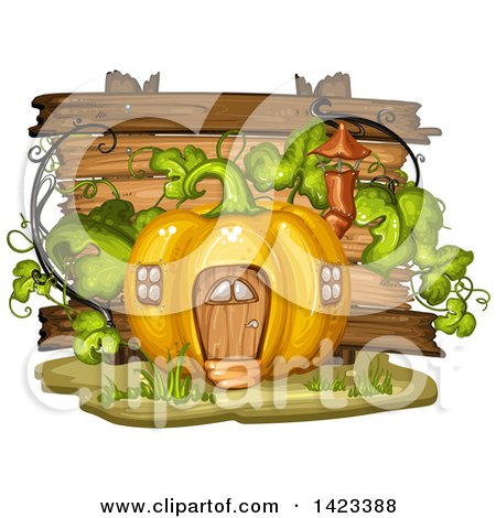 Clipart of a Wooden Plaque or Sign Behind a Pumpkin House - Royalty Free Vector Illustration by merlinul