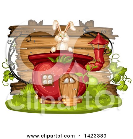 Clipart of a Wooden Plaque or Sign Behind a Rabbit and Tomato House - Royalty Free Vector Illustration by merlinul