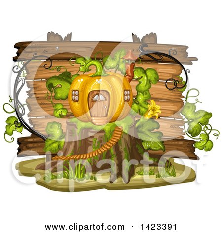 Clipart of a Wooden Plaque or Sign Behind a Pumpkin House on a Stump - Royalty Free Vector Illustration by merlinul