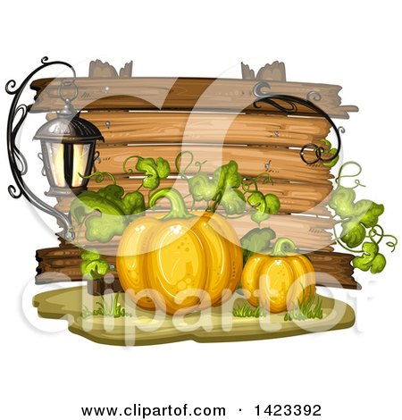 Clipart of a Wooden Plaque or Sign Behind Pumpkins - Royalty Free Vector Illustration by merlinul