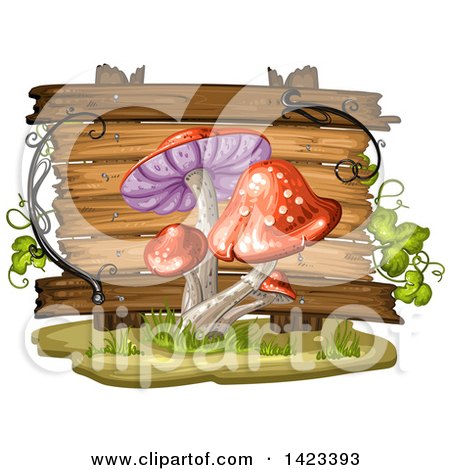 Clipart of a Wooden Plaque or Sign Behind Red Mushrooms - Royalty Free Vector Illustration by merlinul