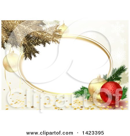 Clipart of a Background of Gold Tree Branches and 3d Baubles with Stars and an Oval Frame - Royalty Free Vector Illustration by dero
