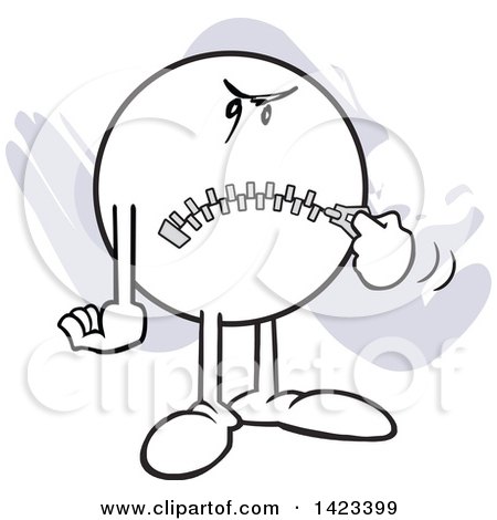 Clipart of a Cartoon Moodie Character Zipping up His Mouth, over Purple Strokes - Royalty Free Vector Illustration by Johnny Sajem