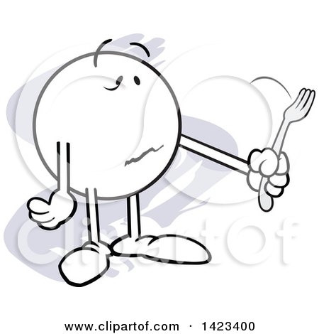 Clipart of a Cartoon Moodie Character Holding a Fork, Fork It Over, over Purple Strokes - Royalty Free Vector Illustration by Johnny Sajem