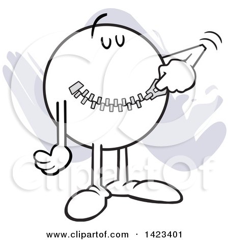 Clipart of a Cartoon Moodie Character Zipping up His Mouth to Keep a Secret, over Purple Strokes - Royalty Free Vector Illustration by Johnny Sajem