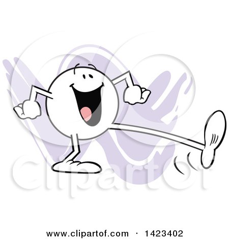 Clipart of a Cartoon Happy Moodie Character Taking a Big Step, over Purple Strokes - Royalty Free Vector Illustration by Johnny Sajem