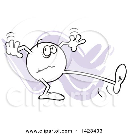 Clipart of a Cartoon Nervous and Unsure Moodie Character Taking a Big Step, over Purple Strokes - Royalty Free Vector Illustration by Johnny Sajem