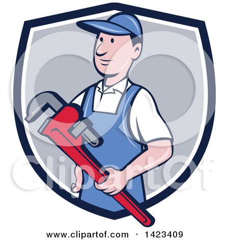 Clipart of a Retro Cartoon White Male Plumber or Handy Man Holding a Monkey Wrench, Emerging from a Blue White and Gray Shield - Royalty Free Vector Illustration by patrimonio