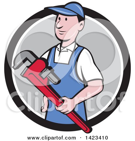 Clipart of a Retro Cartoon White Male Plumber or Handy Man Holding a Monkey Wrench, Emerging from a Black White and Gray Circle - Royalty Free Vector Illustration by patrimonio