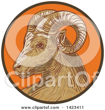 Clipart of a Sketched Ram Goat Head in a Brown and Orange Circle - Royalty Free Vector Illustration by patrimonio