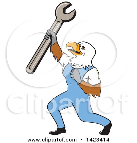 Clipart of a Cartoon Bald Eagle Mechanic Man Holding up a Spanner Wrench - Royalty Free Vector Illustration by patrimonio