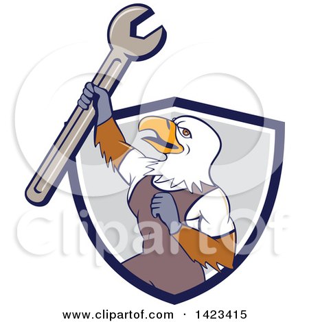 Clipart of a Cartoon Bald Eagle Mechanic Man Holding up a Spanner Wrench in a Blue White and Gray Shield - Royalty Free Vector Illustration by patrimonio