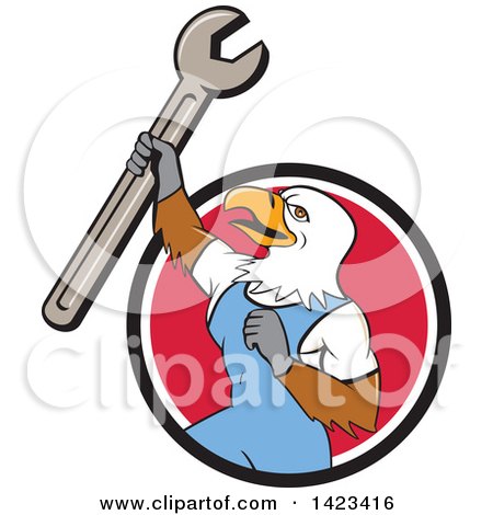 Clipart of a Cartoon Bald Eagle Mechanic Man Holding up a Spanner Wrench in a Black White and Red Circle - Royalty Free Vector Illustration by patrimonio