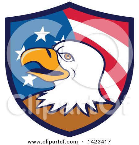 Clipart of a Cartoon Bald Eagle Head in an American Themed Shield - Royalty Free Vector Illustration by patrimonio